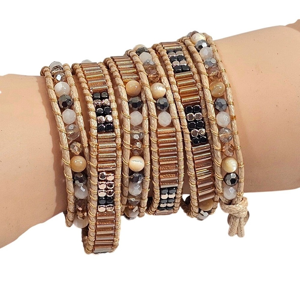 Free‎ Spirit Wrap Bracelet Womens Gold Tan Beaded Boho Multi Strand Layered NEW